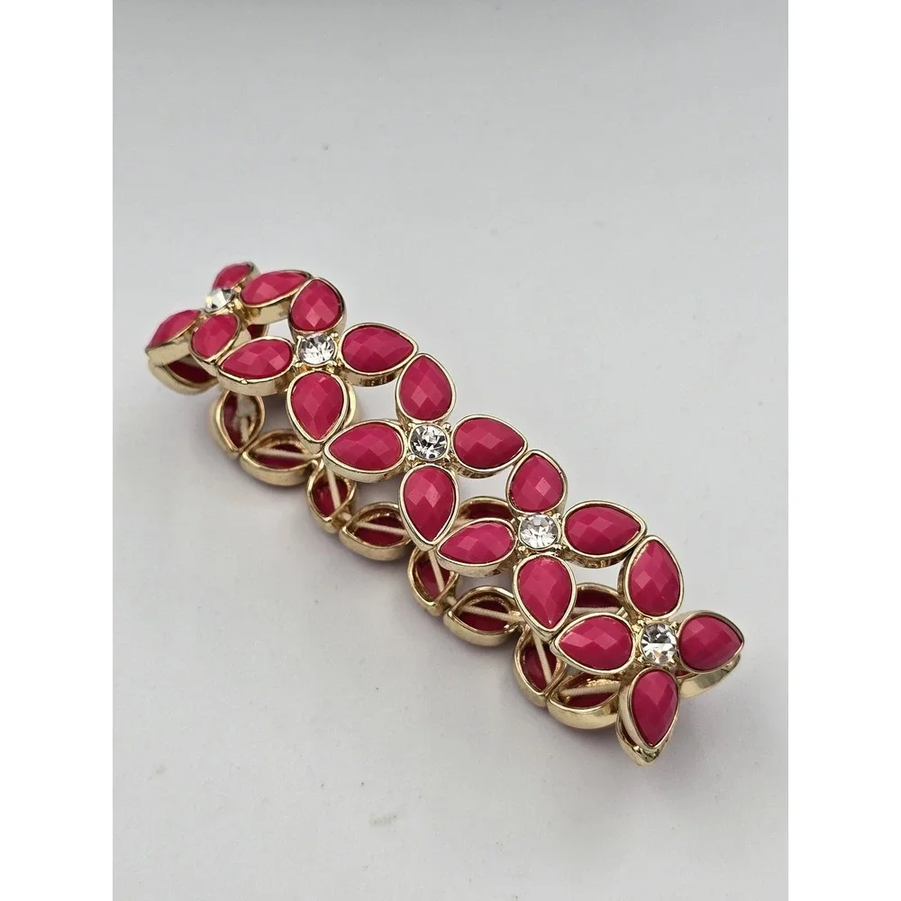 Gold Tone Hot Pink Faceted‎ Stone Stretch Bracelet Clear Rhinestone Accents